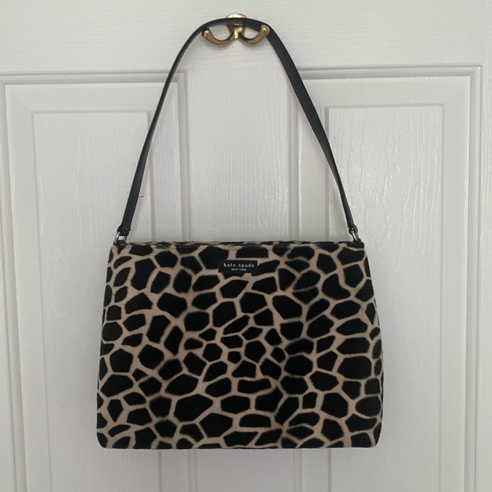 Kate Spade, Giraffe Faux Fur Animal Print Leather Handbag. Black and cream.